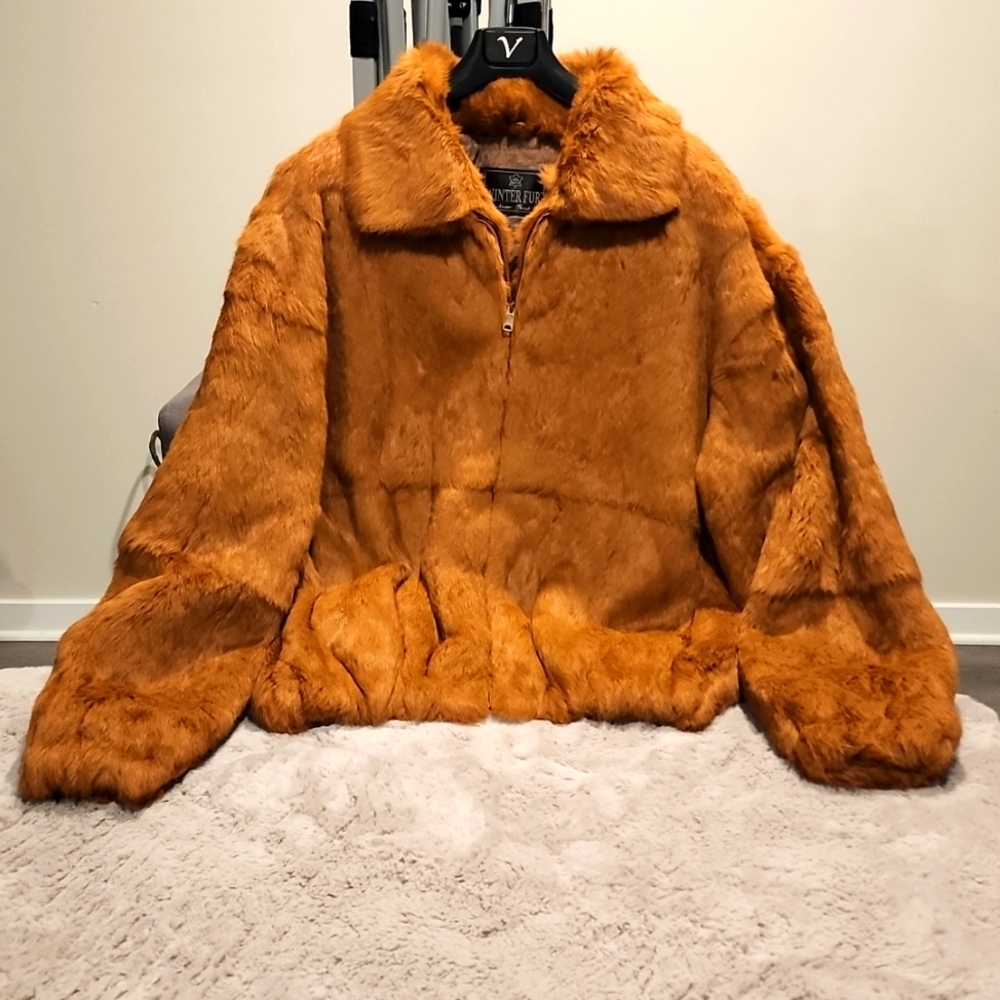 Men's Winter Fur Tan Rabbit Bomber Jacket Size 3XL (NEW)